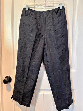 Larry Levine Floral Embroidered Linen-Blend Trousers in Black Size 6 Like New